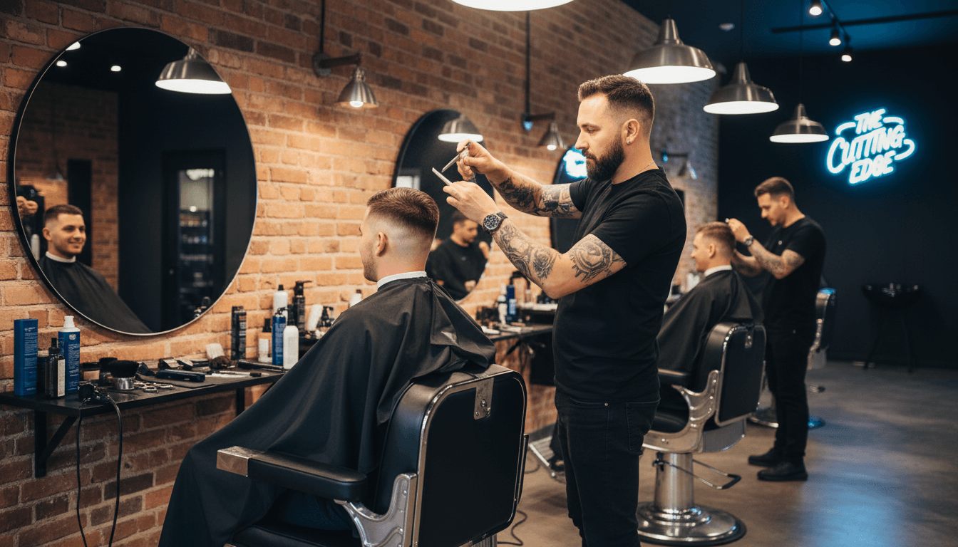 Professional barber working on precision fade haircut in modern barbershop setting