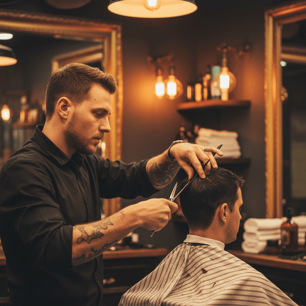 Professional barber giving a precision haircut to a client in a modern, clean barbershop