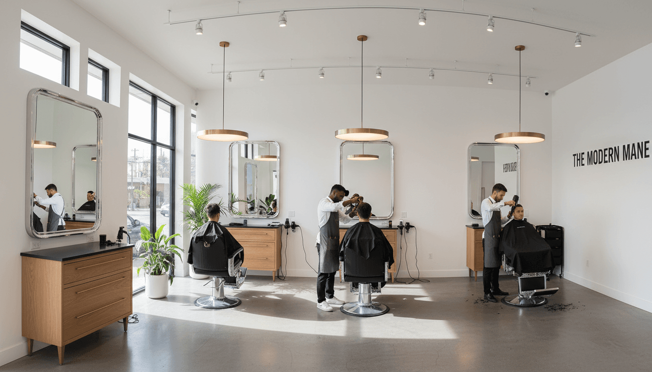 Modern barbershop interior with styling chairs and contemporary lighting