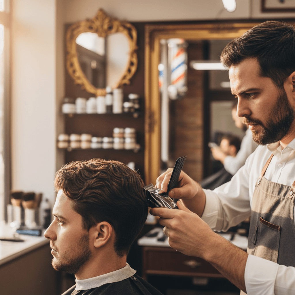 Barber performing precision haircut on client in modern V21 Barber shop