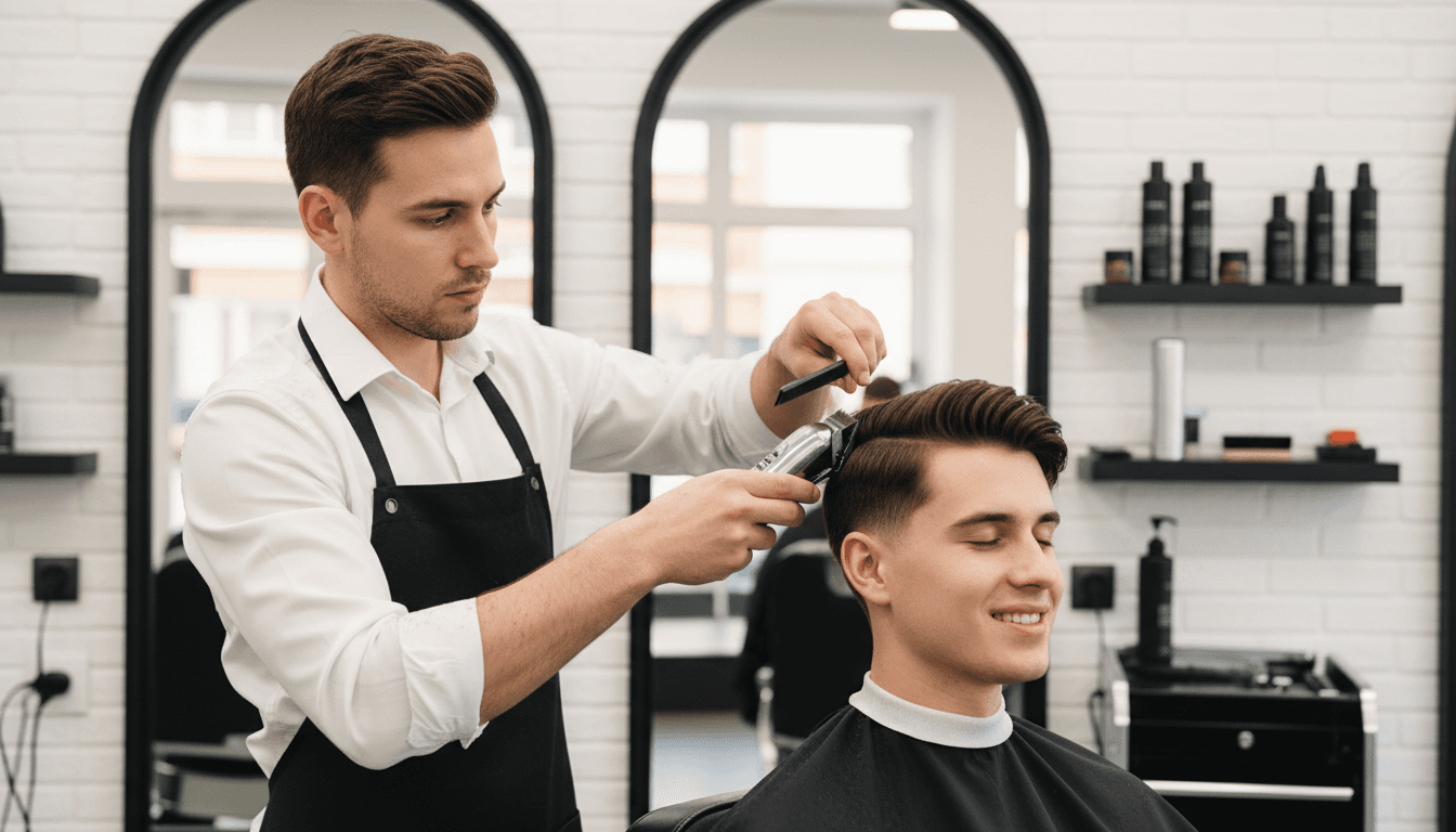 Professional barber performing a precision fade haircut on a client in a clean, modern barbershop